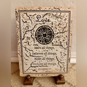Love Bears All Things Corinthians cream brown faux stone plaque.